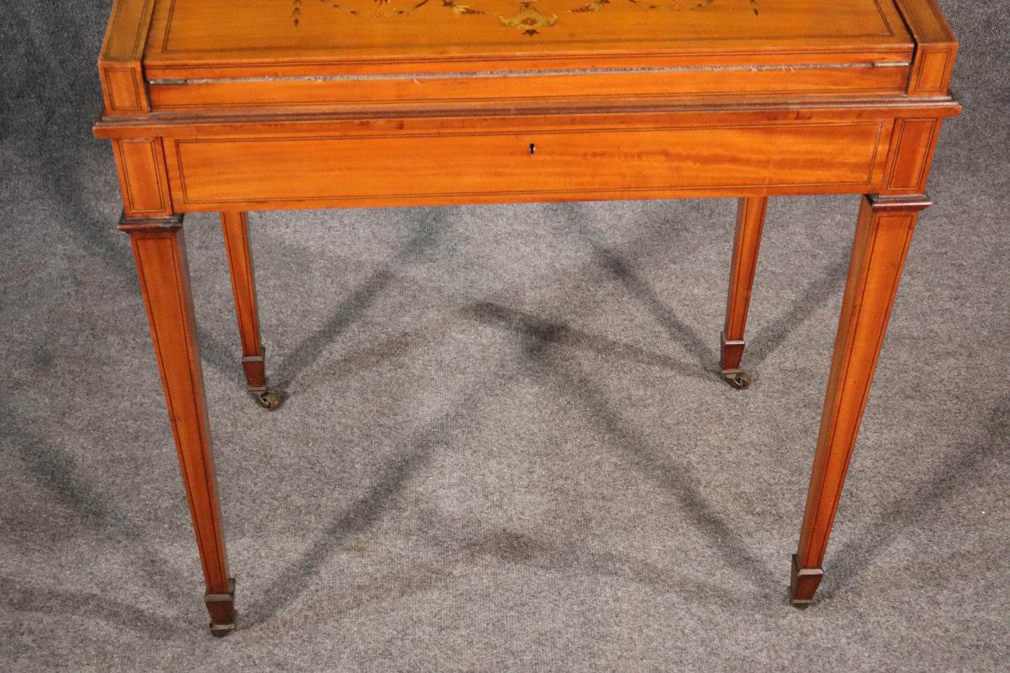 English Satinwood Adams Inlaid Secretary Desk Vitrine Top with Inkwells