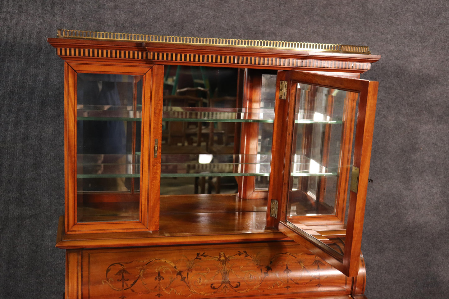 English Satinwood Adams Inlaid Secretary Desk Vitrine Top with Inkwells