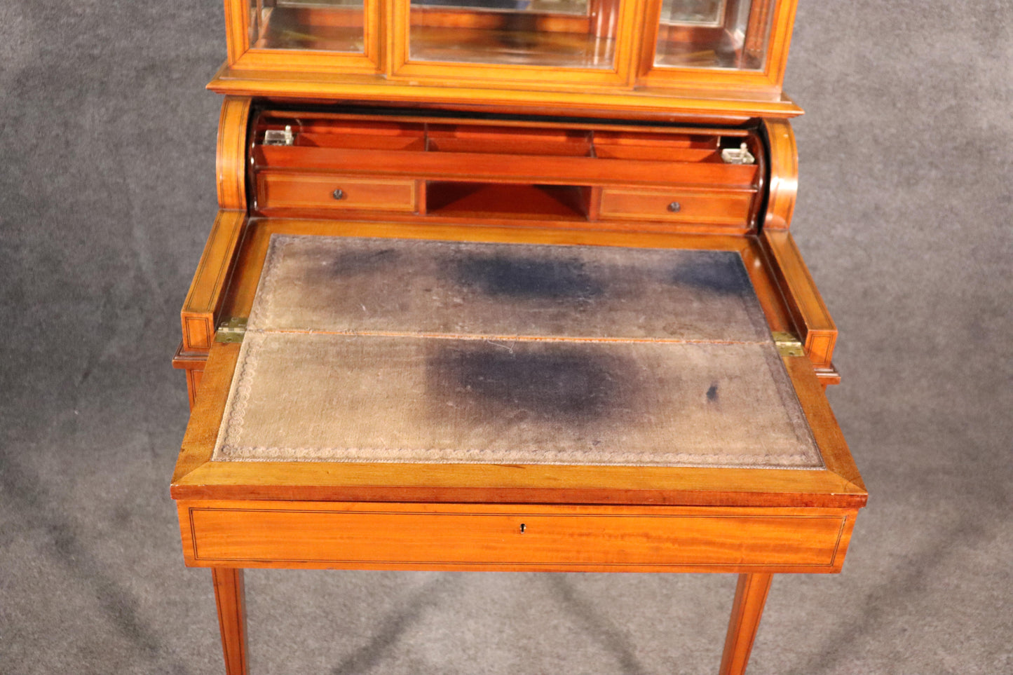 English Satinwood Adams Inlaid Secretary Desk Vitrine Top with Inkwells