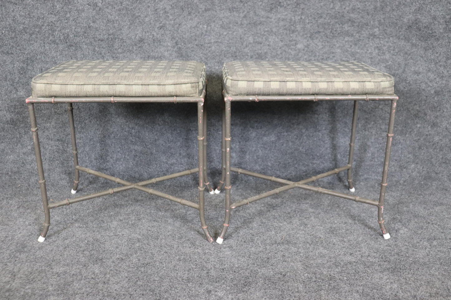 Pair of Maison Bagues Style Faux Bamboo Metal French Benches or Foot Stools