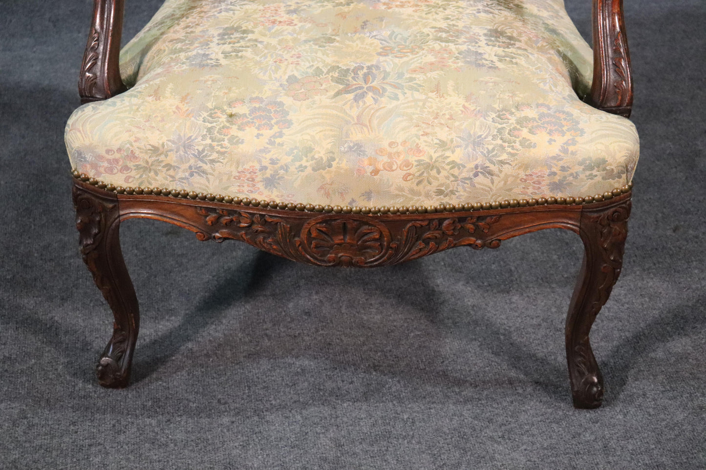 Carved English Walnut Georgian Armchair with Tapestry Upholstery and Nailheads