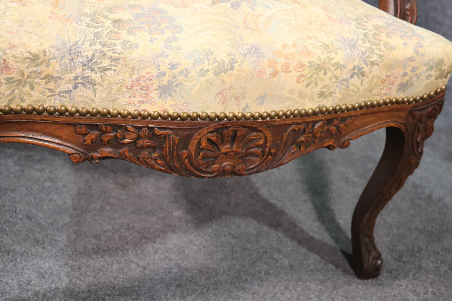 Carved English Walnut Georgian Armchair with Tapestry Upholstery and Nailheads