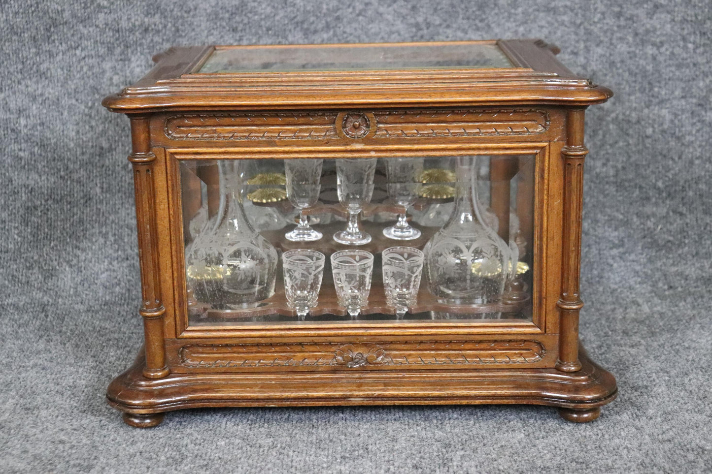 Rare Walnut Case French Etched Glass 18-piece decanter and Cordial Tantalus Set