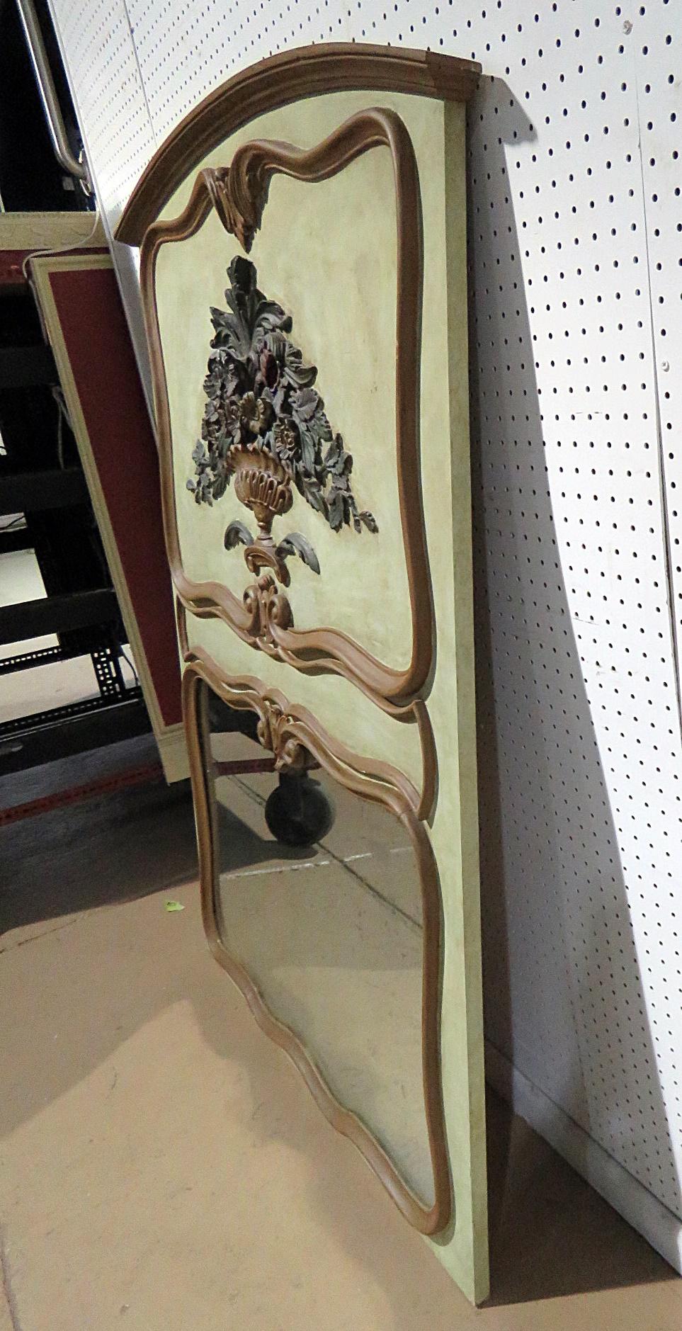 Carved French Creme Painted French Trumeau Mirror w Urn with Spray of Flowers