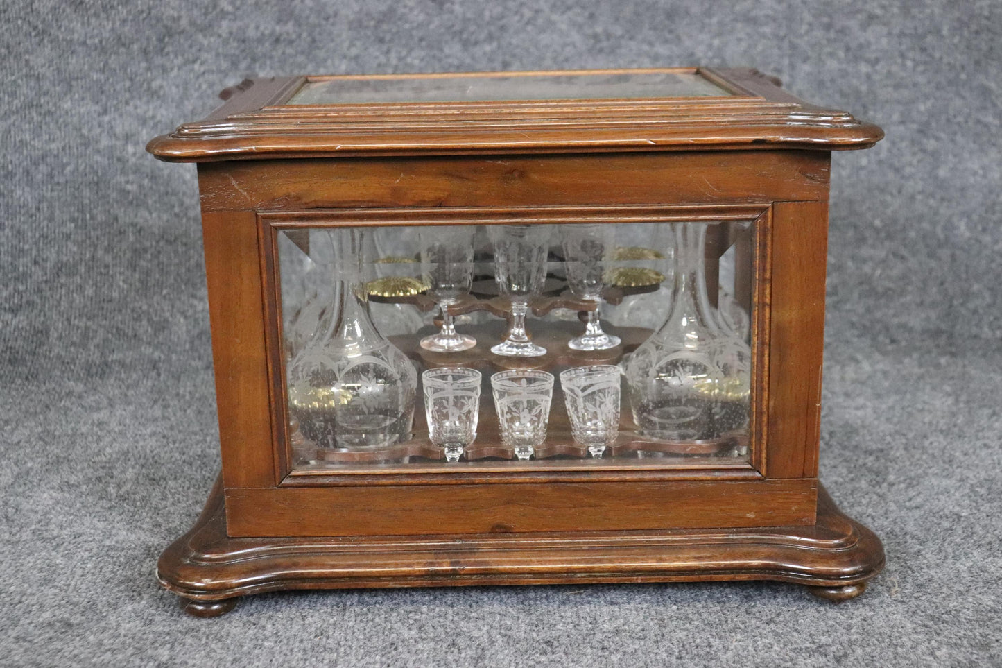 Rare Walnut Case French Etched Glass 18-piece decanter and Cordial Tantalus Set