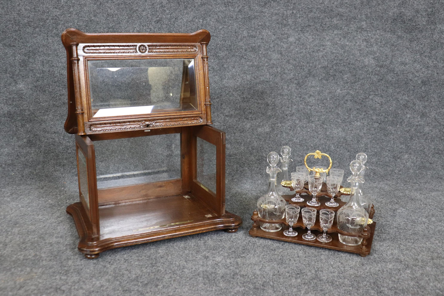 Rare Walnut Case French Etched Glass 18-piece decanter and Cordial Tantalus Set