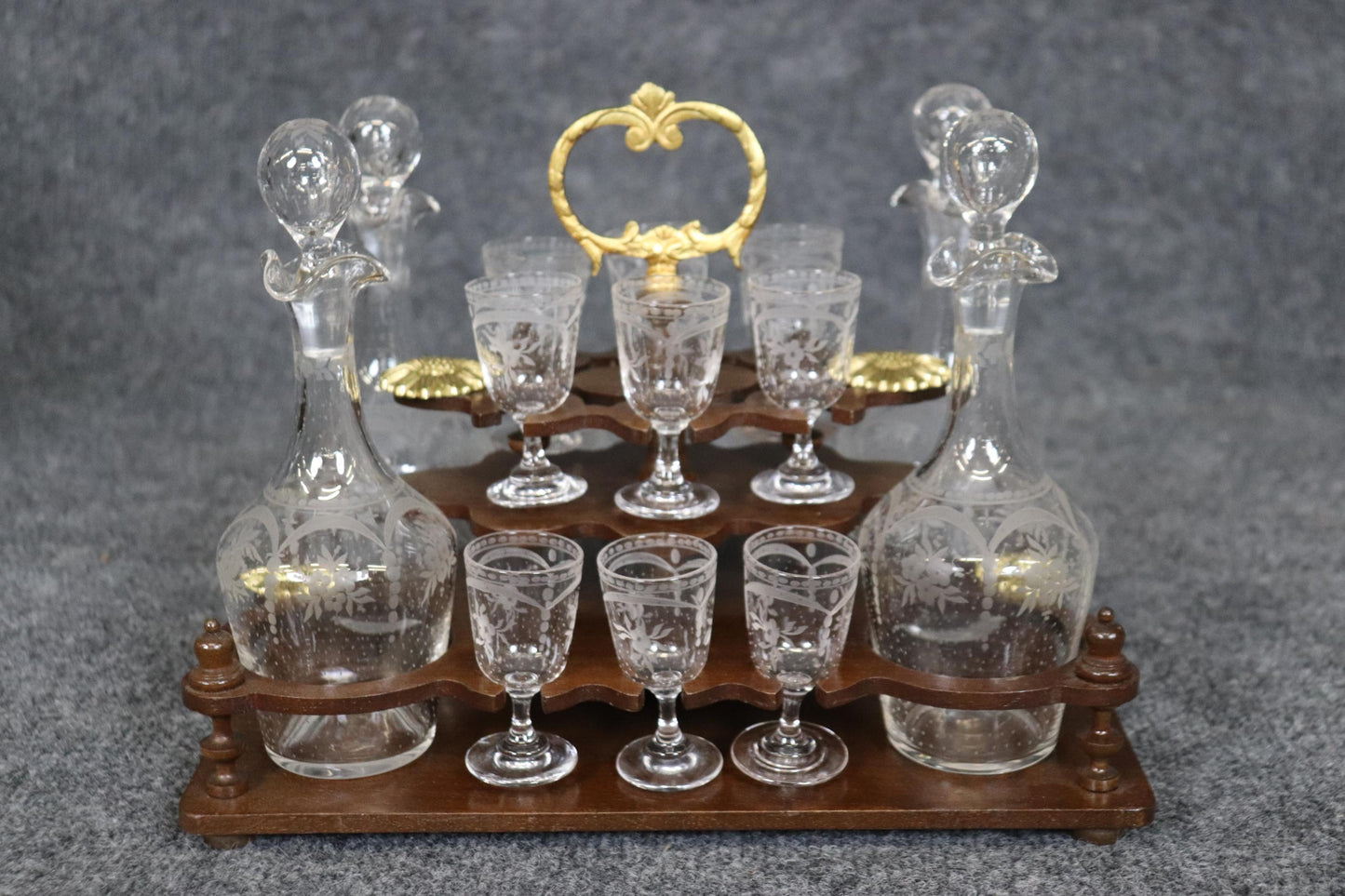 Rare Walnut Case French Etched Glass 18-piece decanter and Cordial Tantalus Set