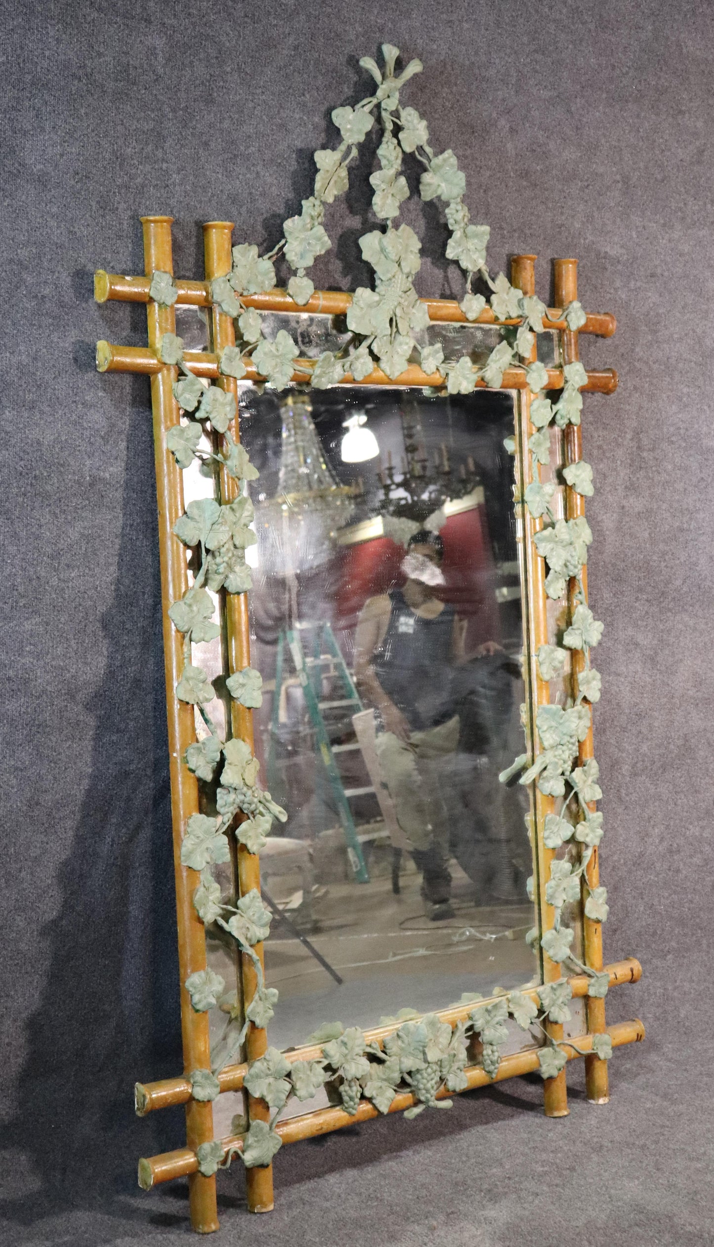 Large French Carved Gesso Paint Decorated Faux Bois Mirror with Ivy