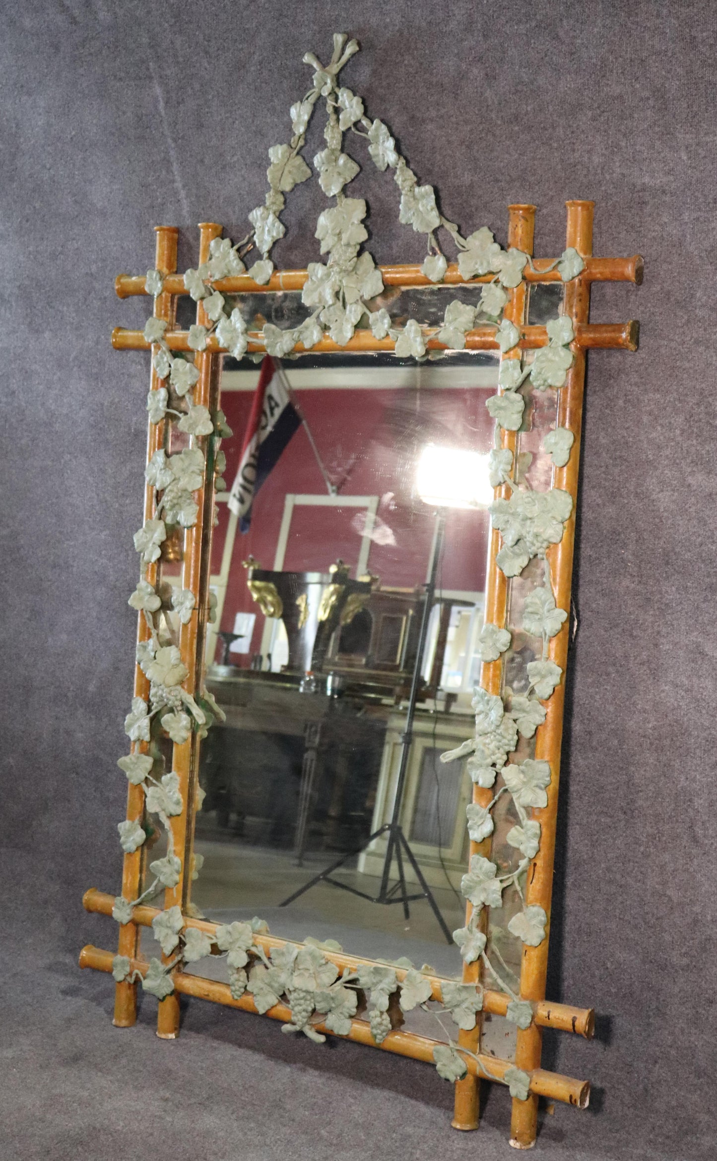 Large French Carved Gesso Paint Decorated Faux Bois Mirror with Ivy