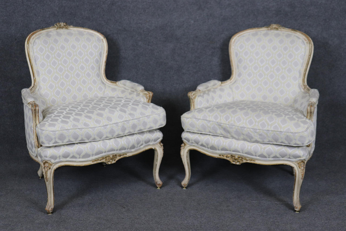 Pair of Early 1990s era Paint Decorated French Louis XV Bergere Chairs