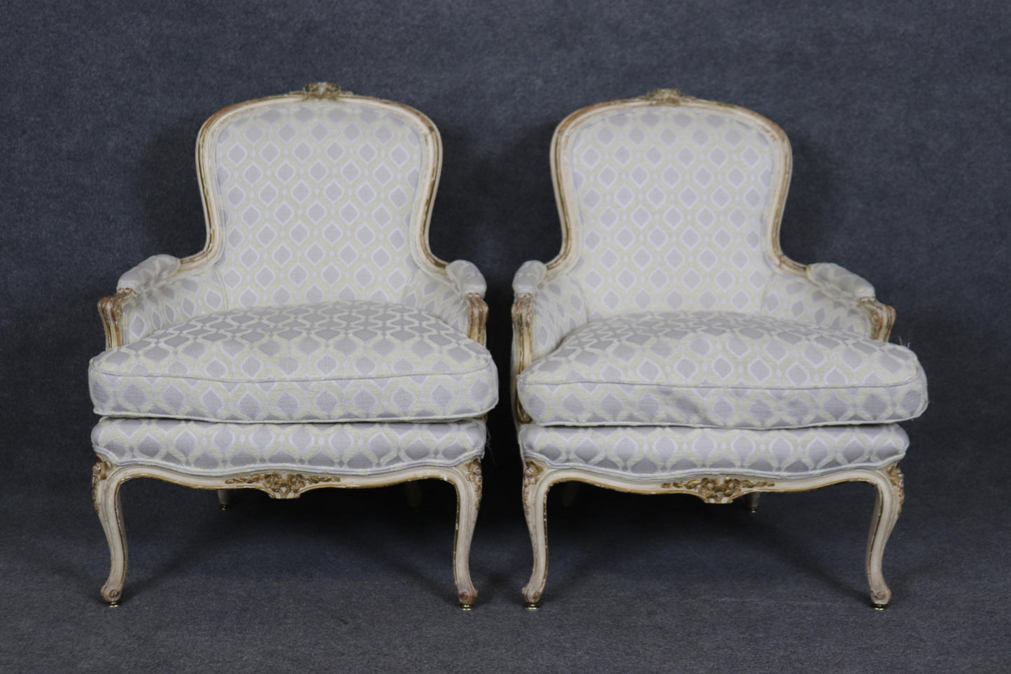 Pair of Early 1990s era Paint Decorated French Louis XV Bergere Chairs