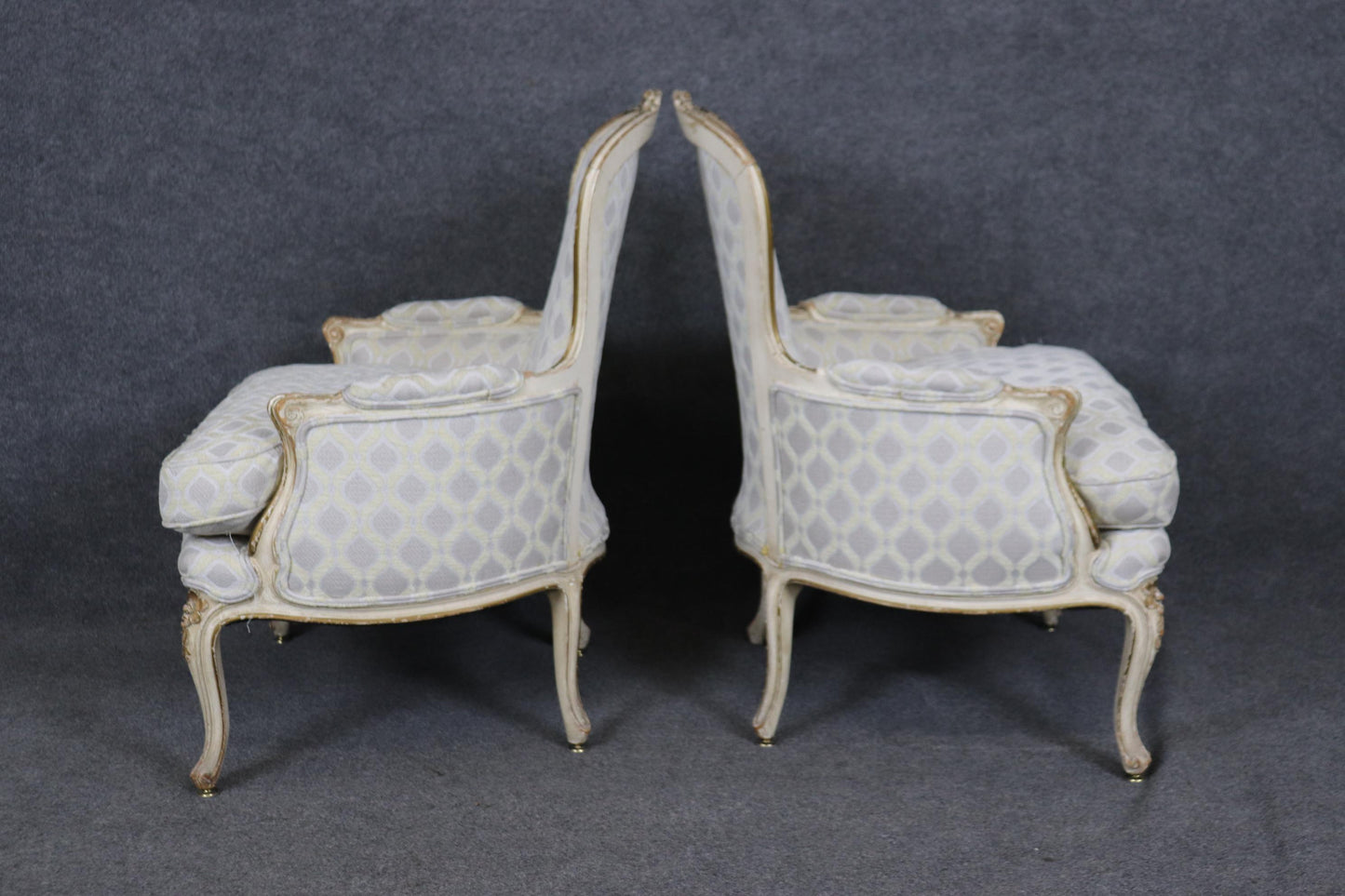 Pair of Early 1990s era Paint Decorated French Louis XV Bergere Chairs