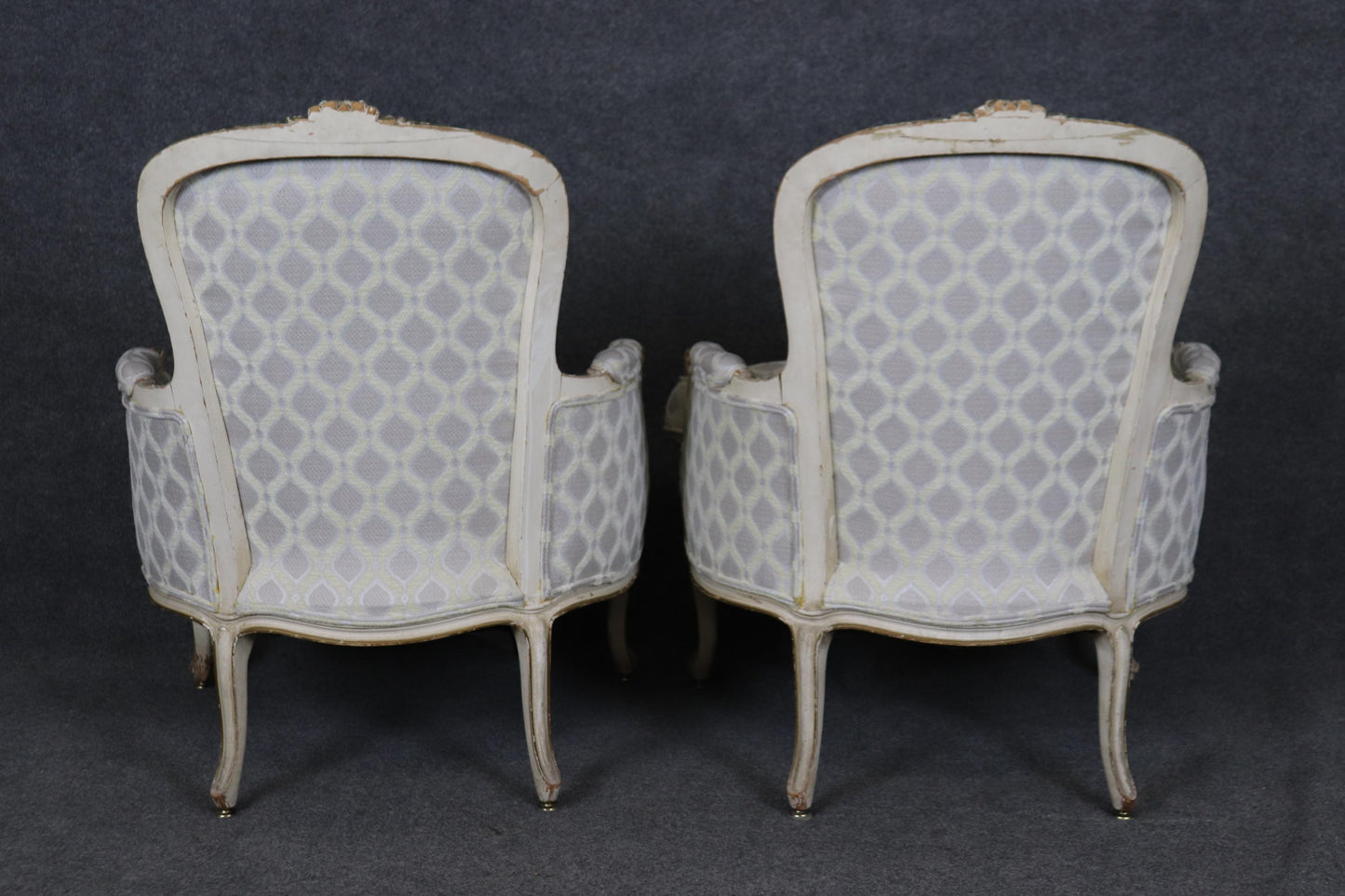 Pair of Early 1990s era Paint Decorated French Louis XV Bergere Chairs