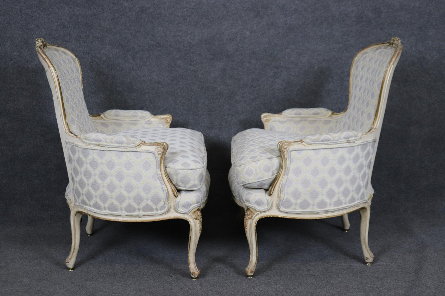 Pair of Early 1990s era Paint Decorated French Louis XV Bergere Chairs