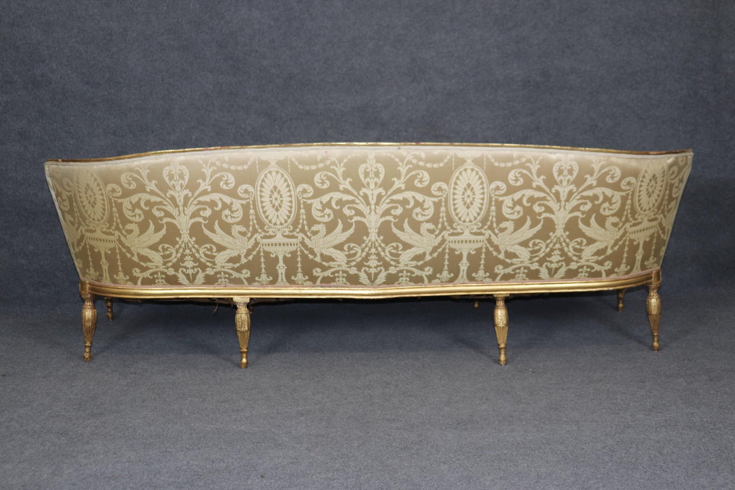 Monumental Gilded Meticulously Carved French Louis XVI Sofa Silk Upholstery