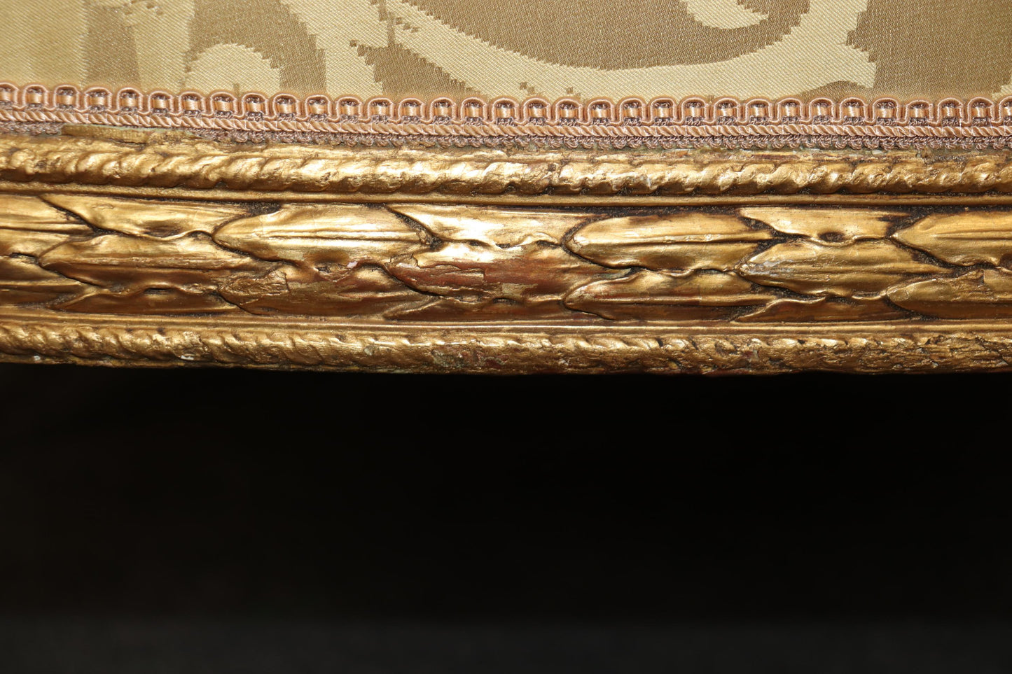 Monumental Gilded Meticulously Carved French Louis XVI Sofa Silk Upholstery