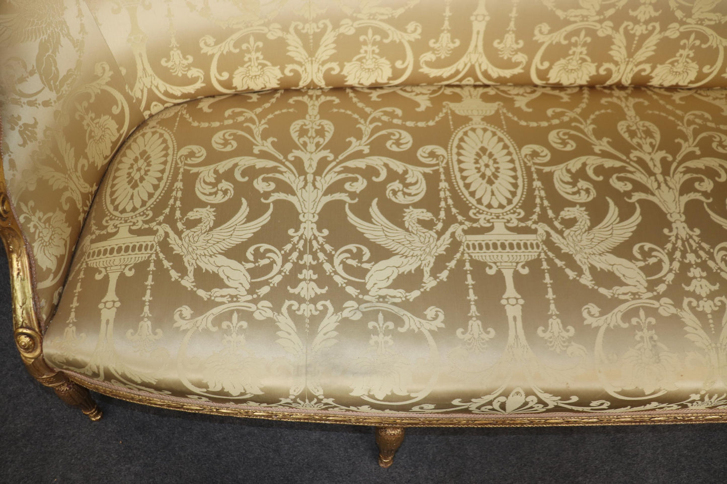 Monumental Gilded Meticulously Carved French Louis XVI Sofa Silk Upholstery