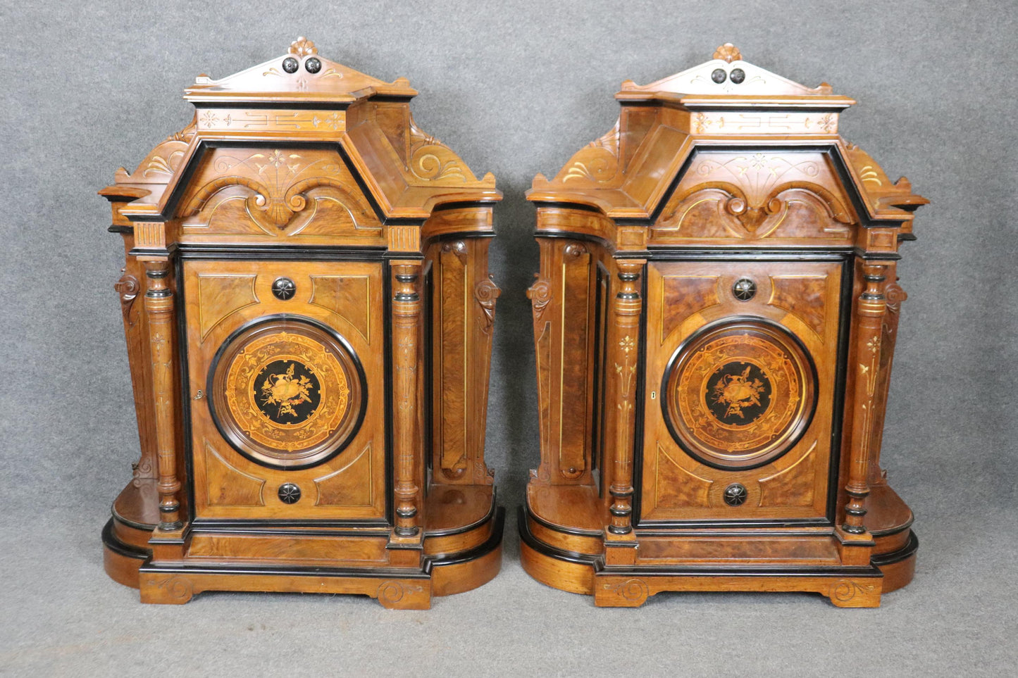 Rare Pair of American Renaissance Revival American Victorian Pedestal Cabinets