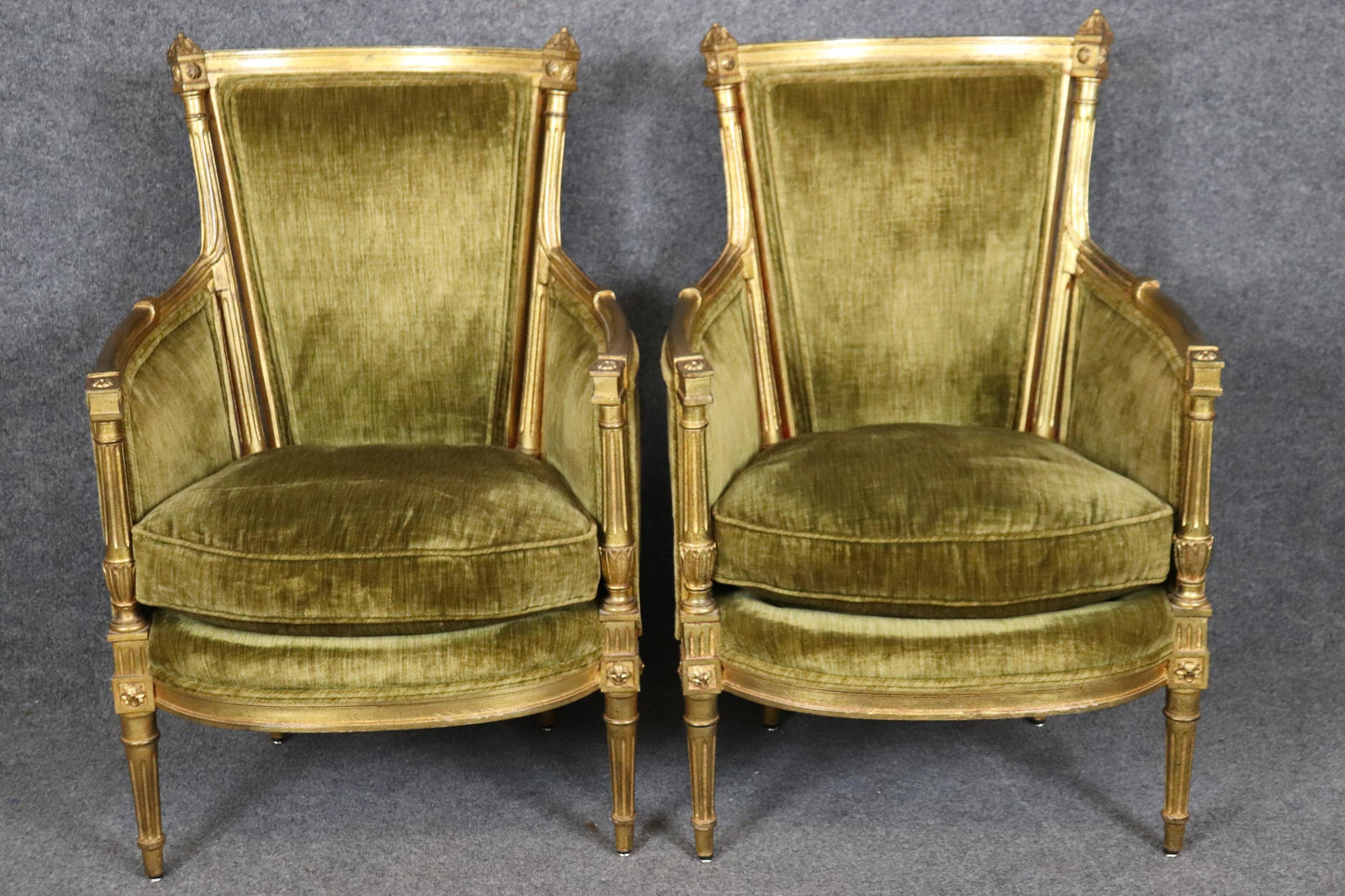 Pair of Smaller French Gilded Carved Directoire Bergere Chairs in Green Velvet