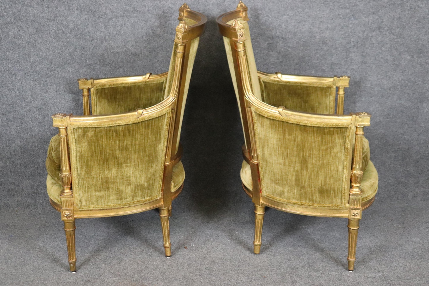 Pair of Smaller French Gilded Carved Directoire Bergere Chairs in Green Velvet