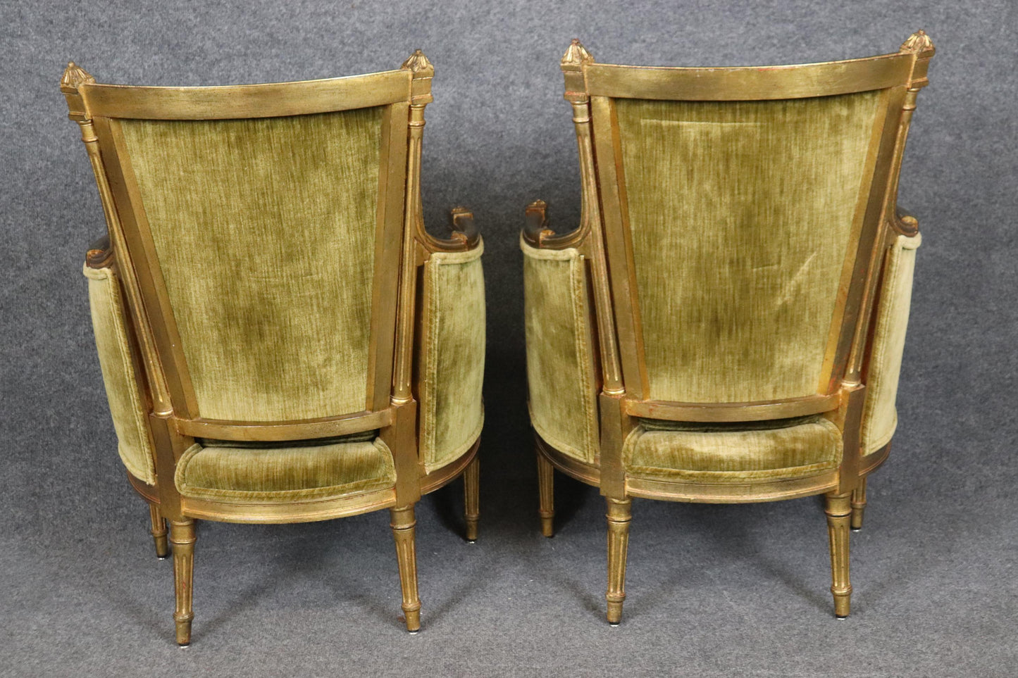 Pair of Smaller French Gilded Carved Directoire Bergere Chairs in Green Velvet