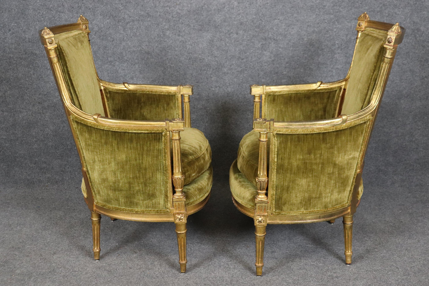 Pair of Smaller French Gilded Carved Directoire Bergere Chairs in Green Velvet