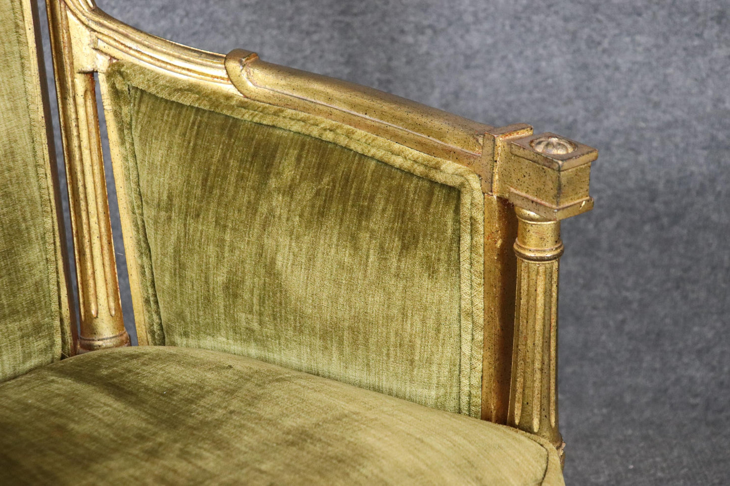 Pair of Smaller French Gilded Carved Directoire Bergere Chairs in Green Velvet