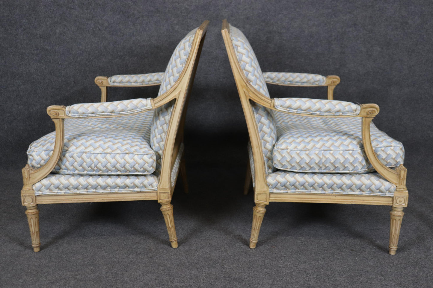 Fantastic Pair Carved Beech Wood French Louis XVI Directoire Bergere Chairs