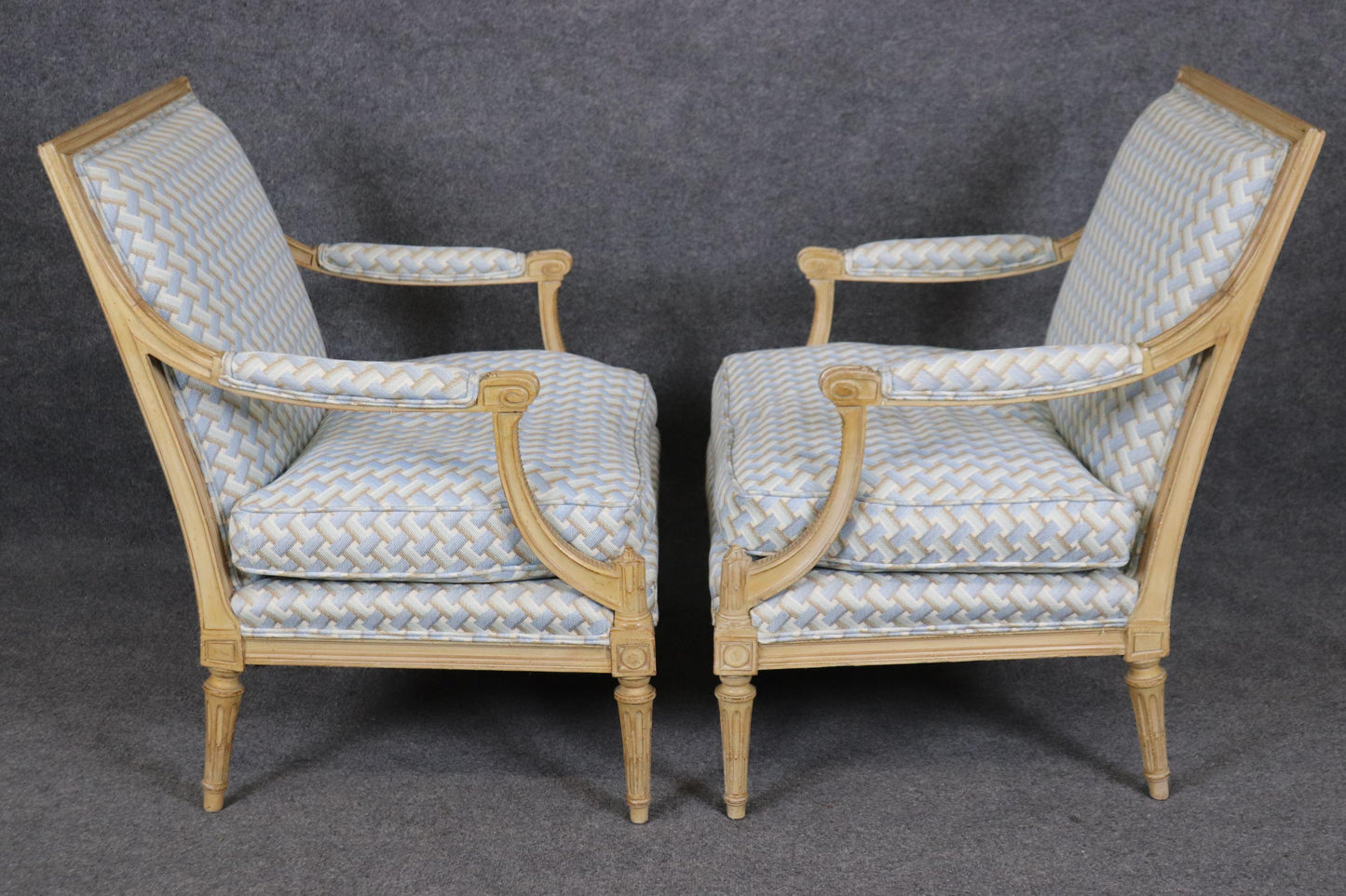 Fantastic Pair Carved Beech Wood French Louis XVI Directoire Bergere Chairs