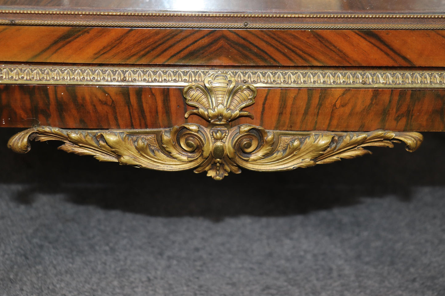 Gorgeous French Marble Top Gilt Bronze Satyr and Cherubs Figural Walnut Vitrine