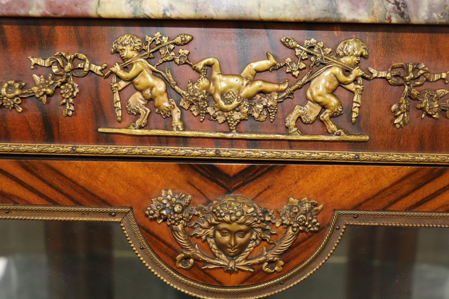 Gorgeous French Marble Top Gilt Bronze Satyr and Cherubs Figural Walnut Vitrine