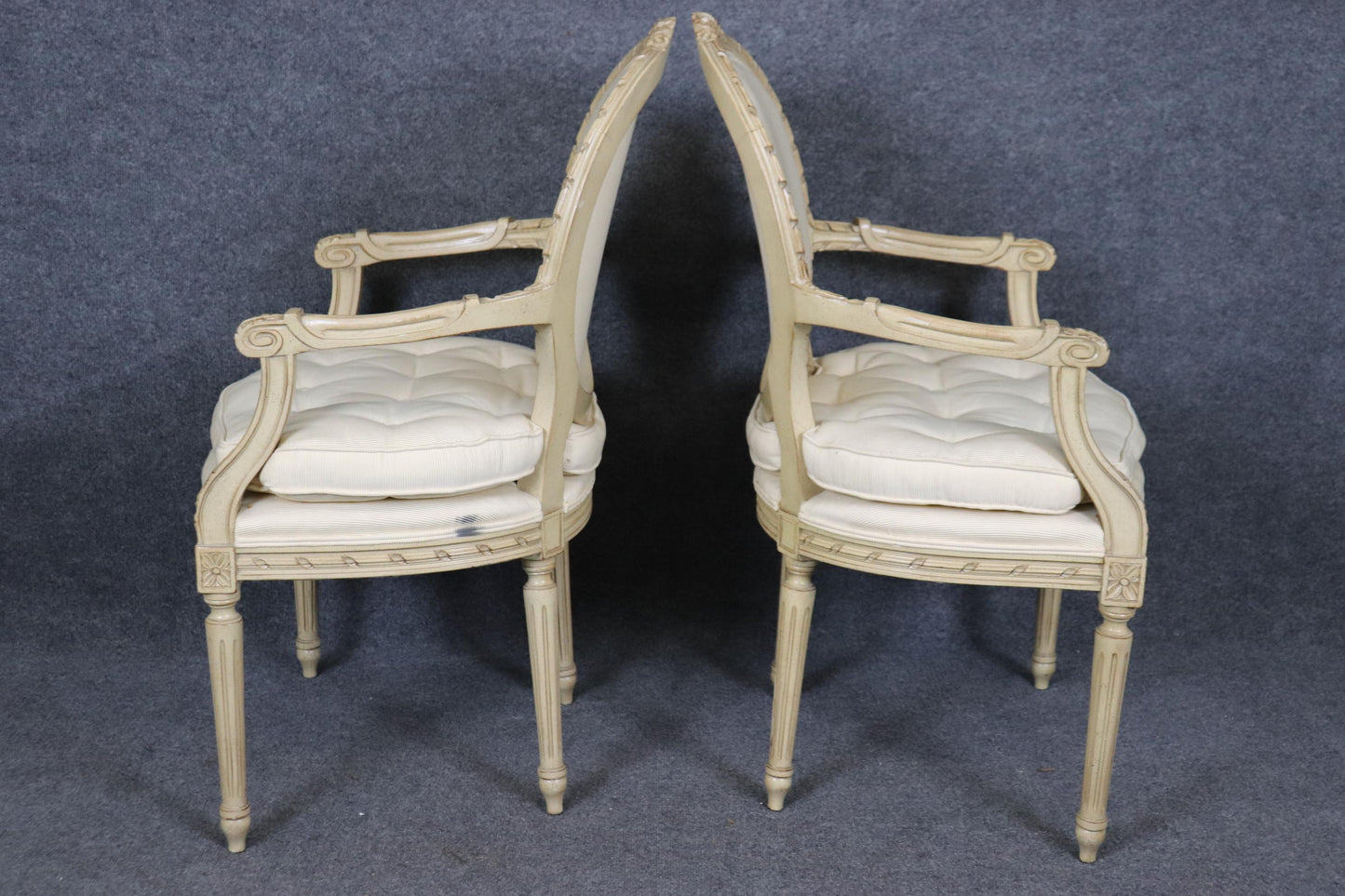 Fantastic Pair Distressed Creme Painted Hand-Carved French Louis XVI Armchairs