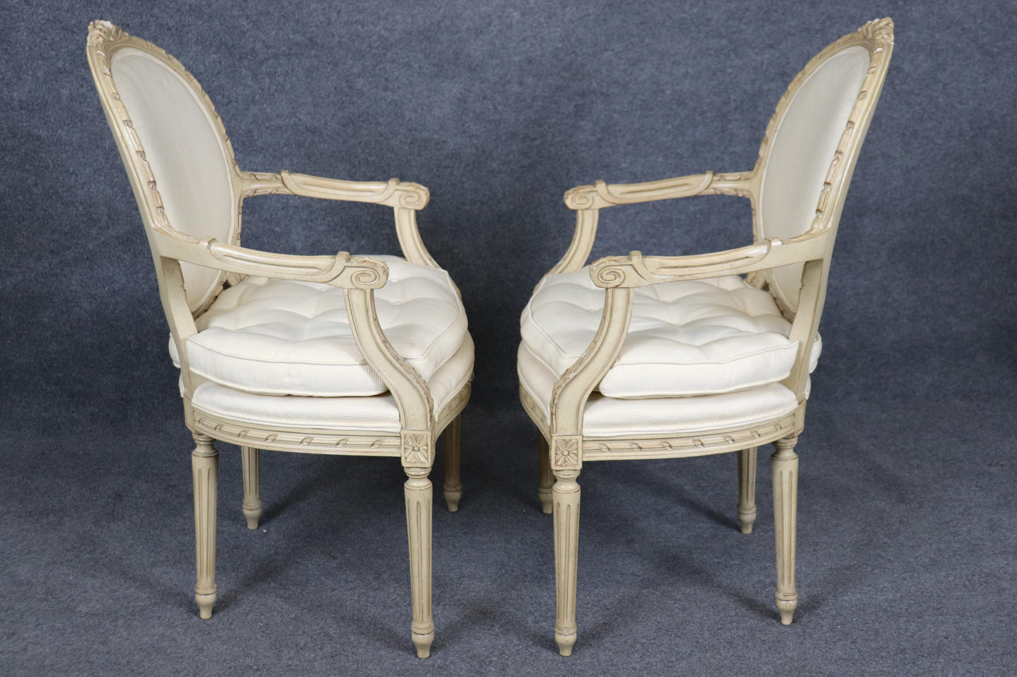 Fantastic Pair Distressed Creme Painted Hand-Carved French Louis XVI Armchairs