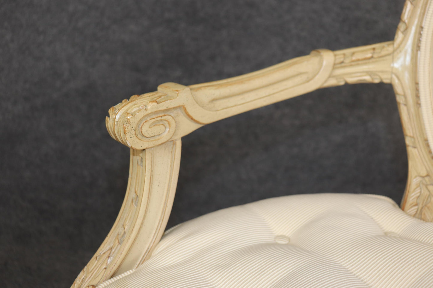 Fantastic Pair Distressed Creme Painted Hand-Carved French Louis XVI Armchairs