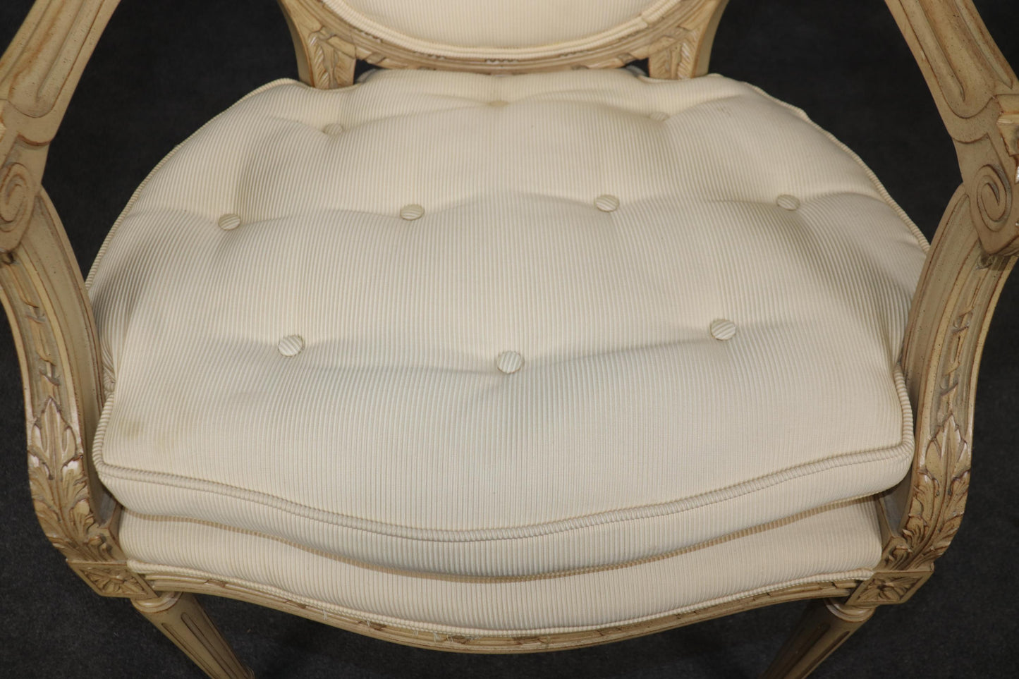 Fantastic Pair Distressed Creme Painted Hand-Carved French Louis XVI Armchairs