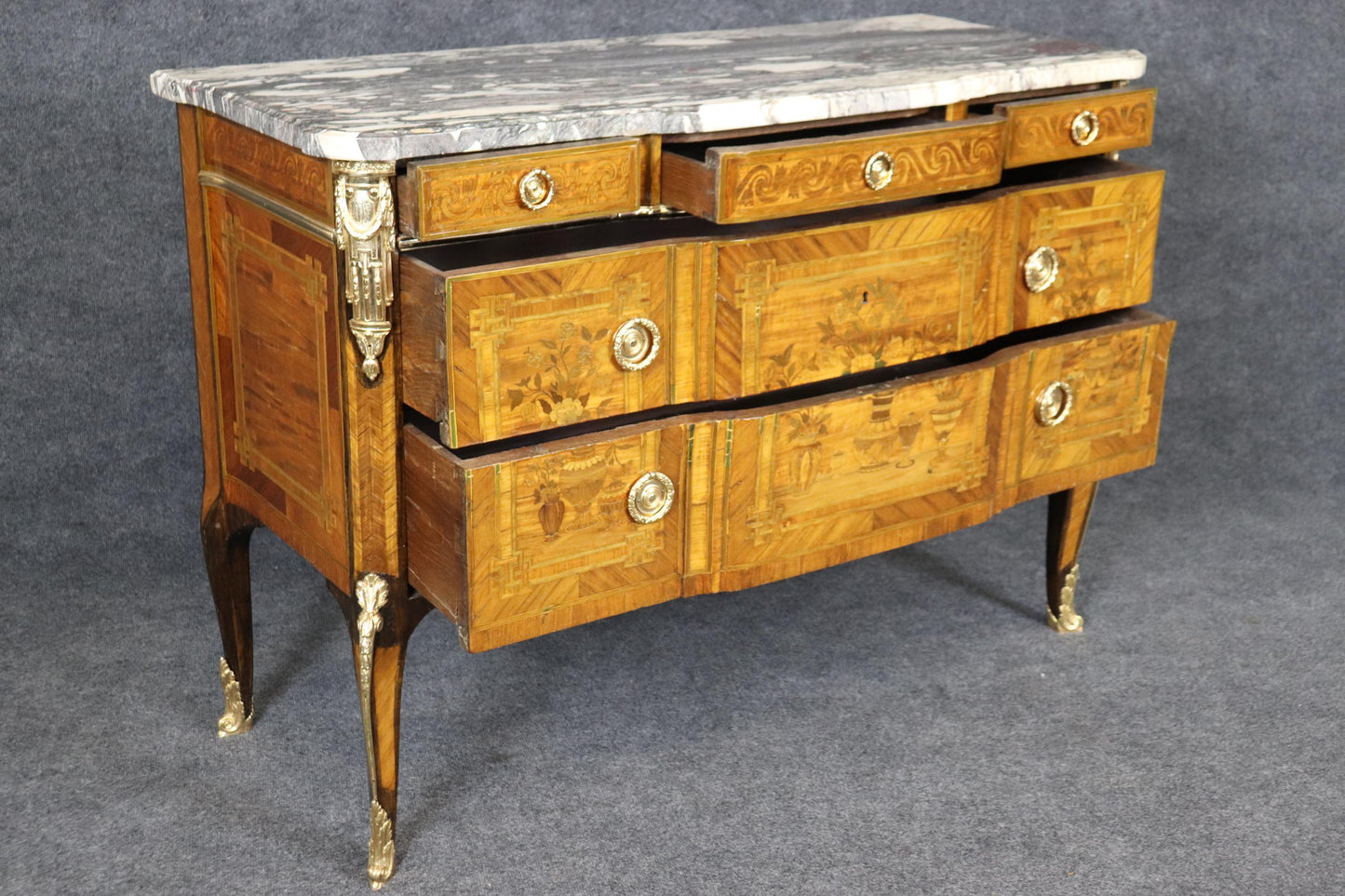 Superb Bright Bronze Ormolu French Louis XV Marble Top Commode Chest