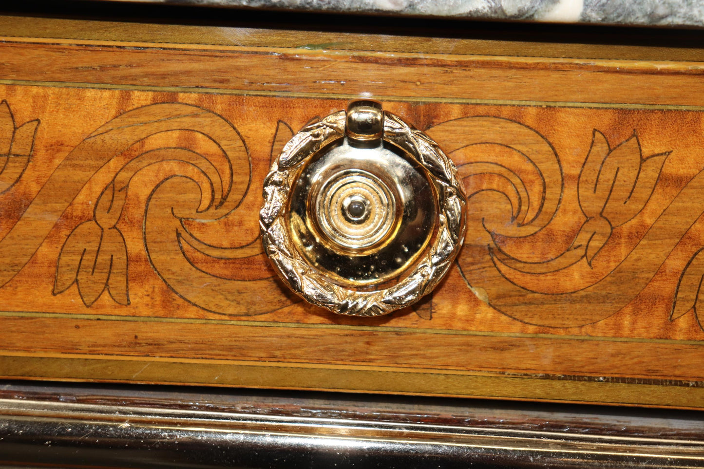 Superb Bright Bronze Ormolu French Louis XV Marble Top Commode Chest