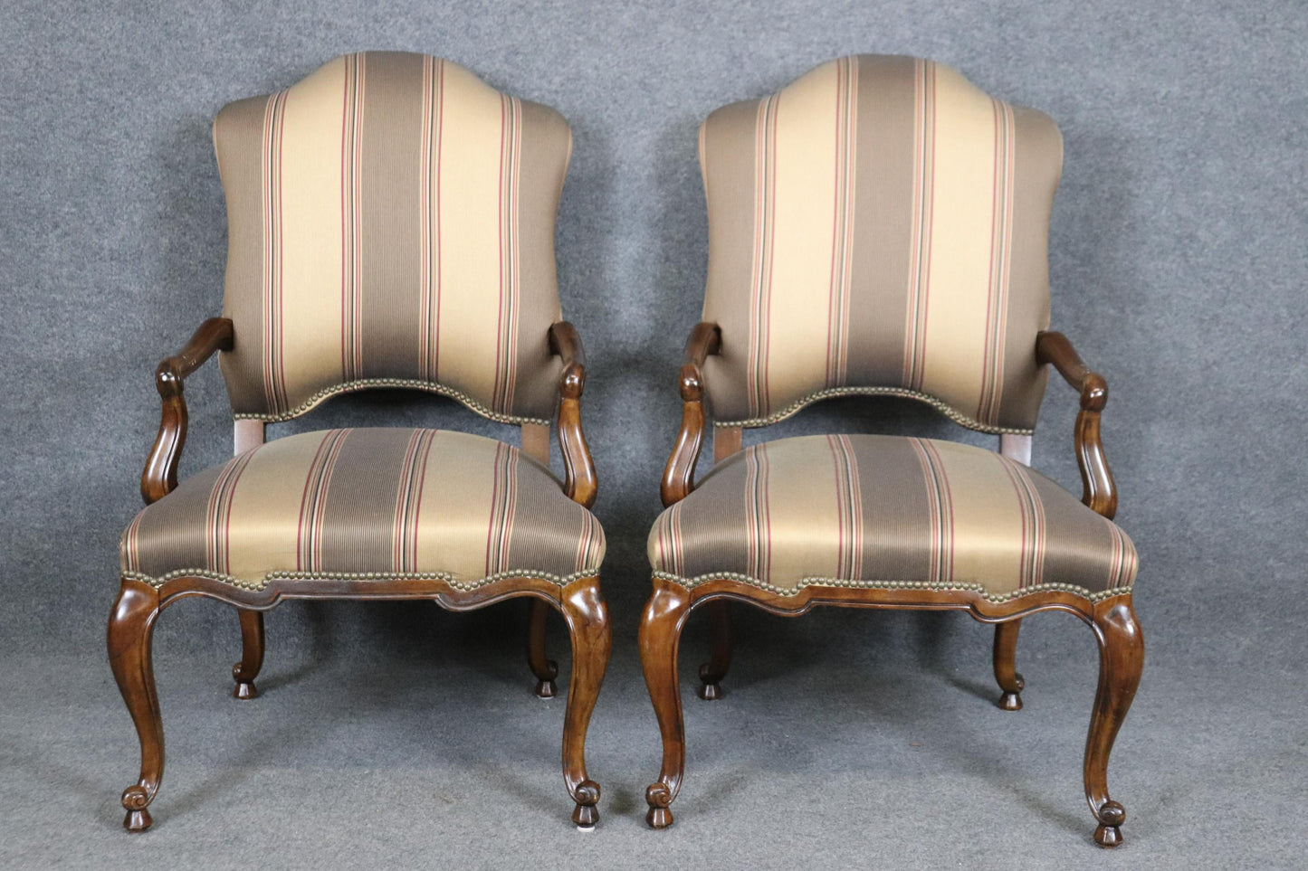 Pair of Gorgeous Century French Louis XV Walnut Armchairs Striped Upholstery