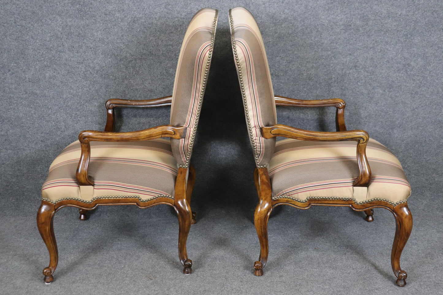 Pair of Gorgeous Century French Louis XV Walnut Armchairs Striped Upholstery