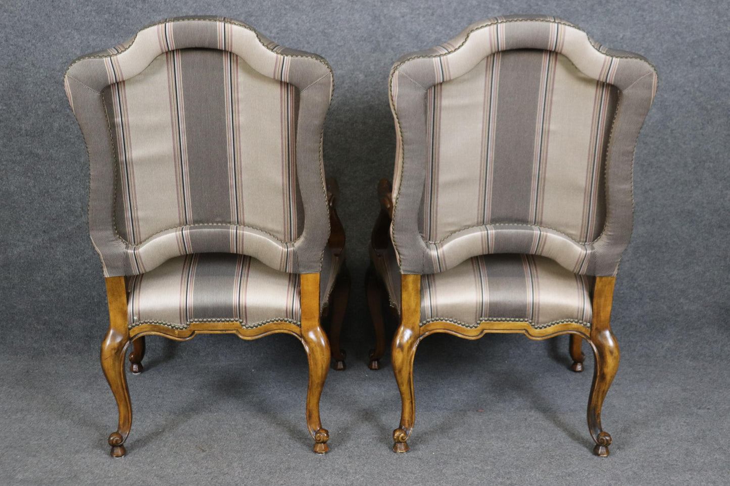 Pair of Gorgeous Century French Louis XV Walnut Armchairs Striped Upholstery