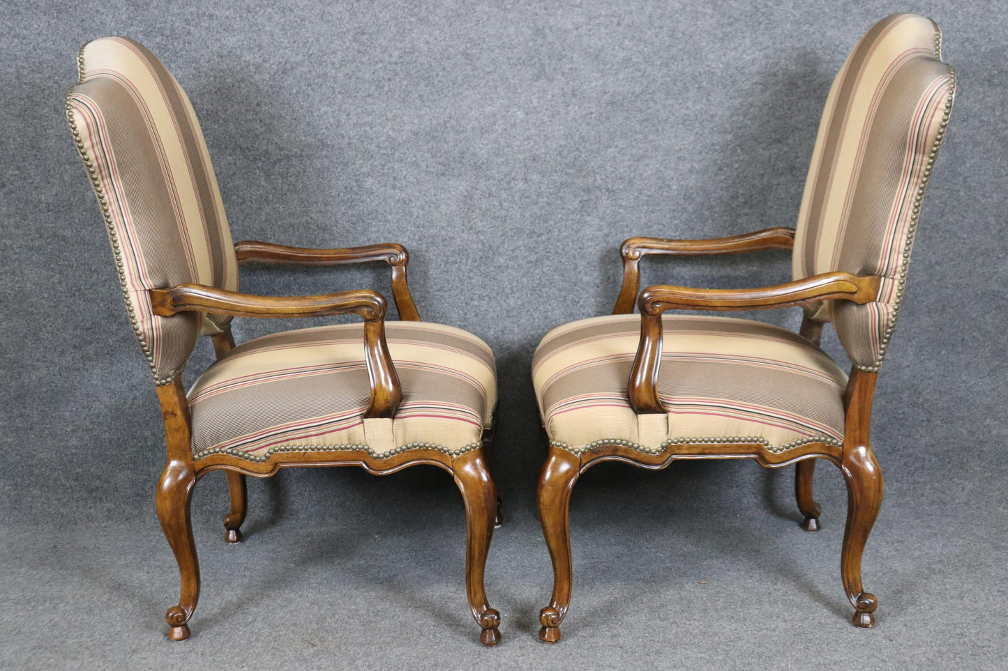 Pair of Gorgeous Century French Louis XV Walnut Armchairs Striped Upholstery