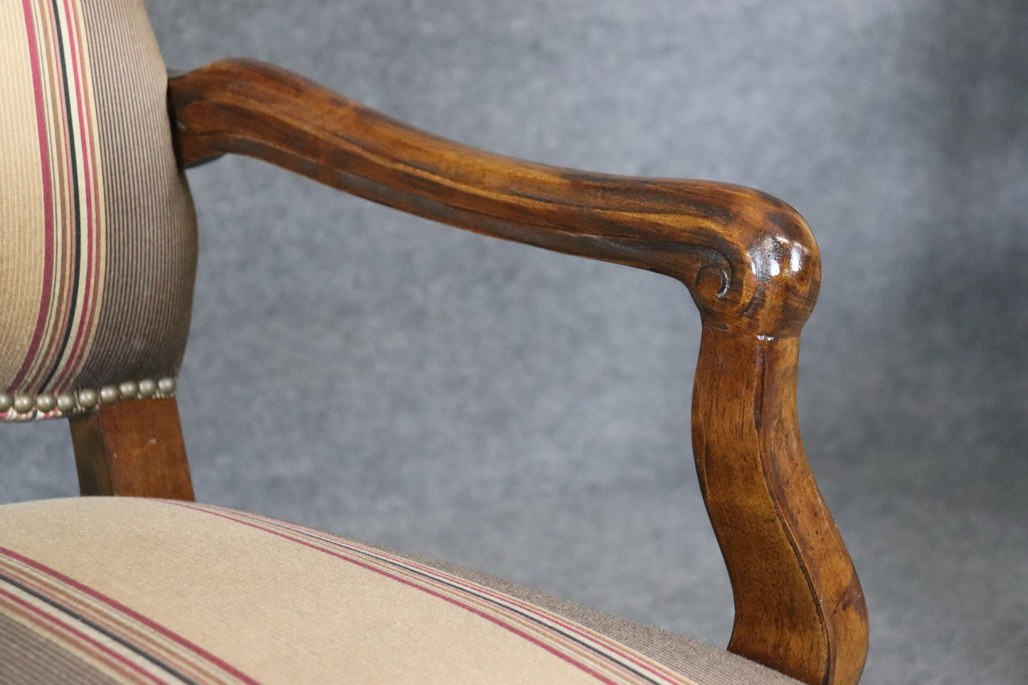 Pair of Gorgeous Century French Louis XV Walnut Armchairs Striped Upholstery