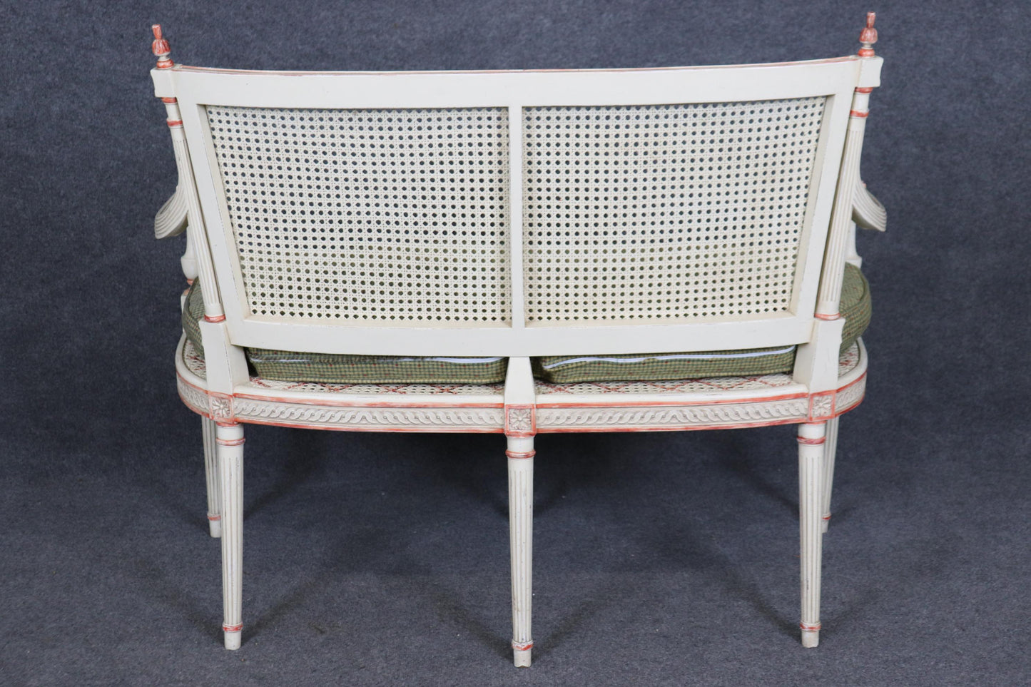 Gorgeous Creme Paint Decorated and Green Upholstered Cane Louis XVI Settee