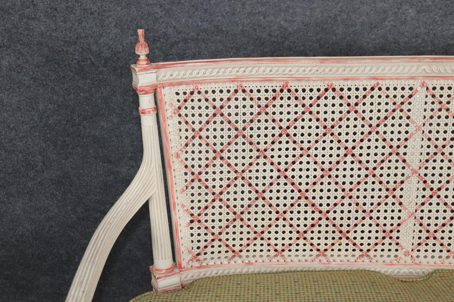 Gorgeous Creme Paint Decorated and Green Upholstered Cane Louis XVI Settee