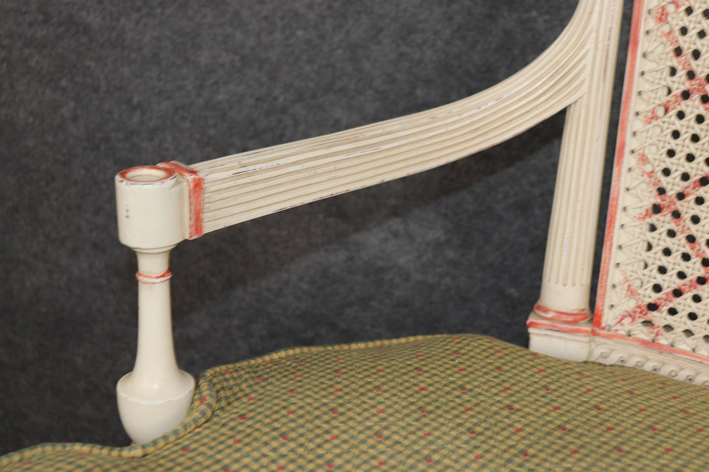 Gorgeous Creme Paint Decorated and Green Upholstered Cane Louis XVI Settee