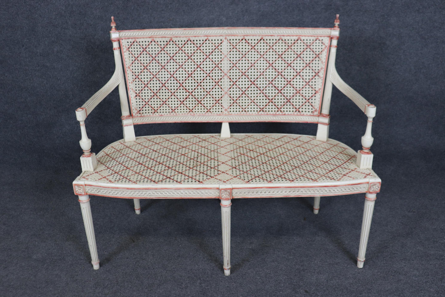 Gorgeous Creme Paint Decorated and Green Upholstered Cane Louis XVI Settee