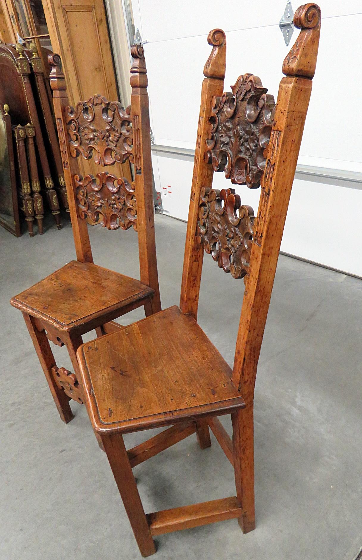 Pair of Antique Italian Provincial Carved Walnut Side Chairs