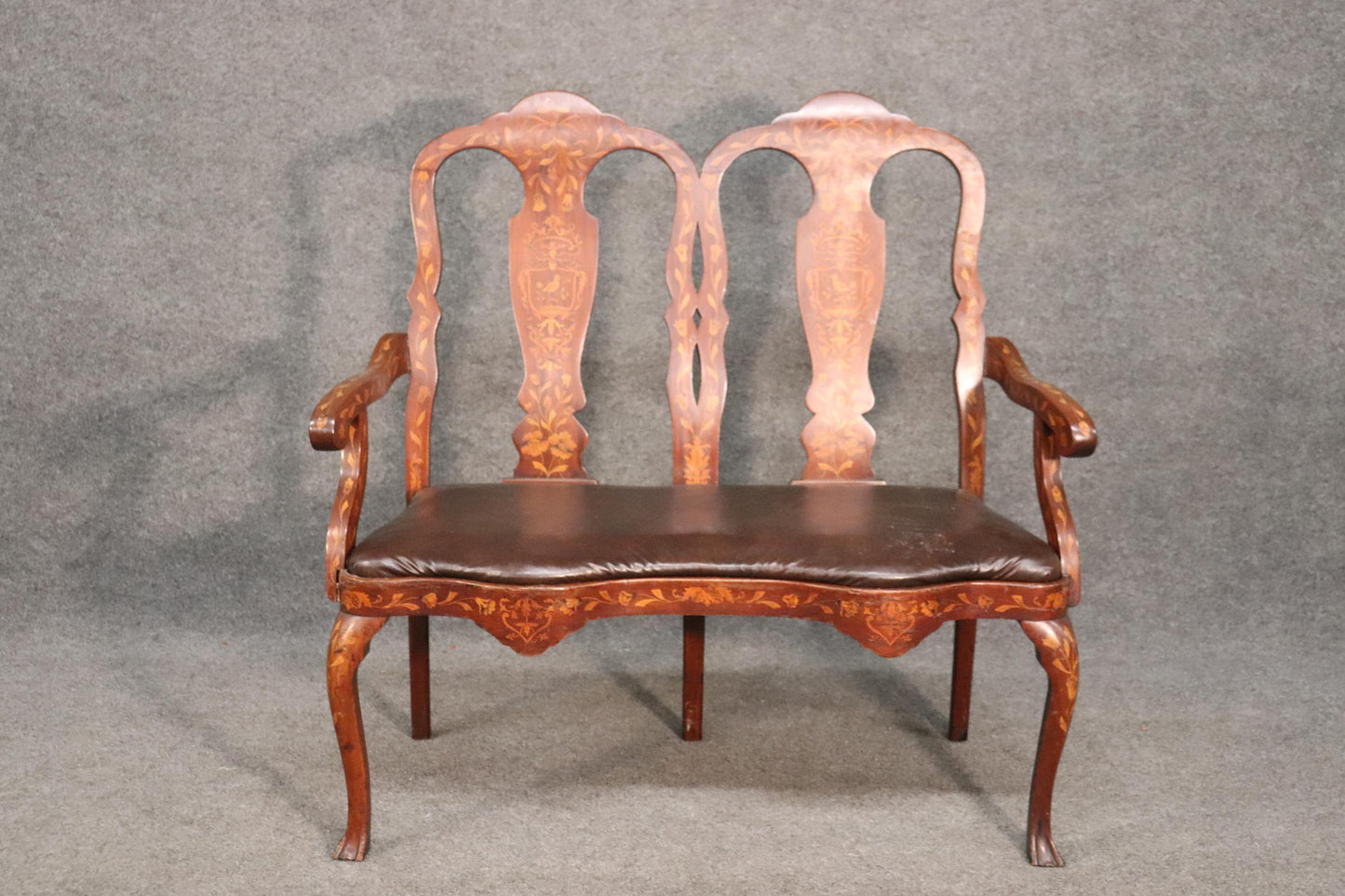 Leather Upholstered Dutch Marquetry Inlaid Window Bench Circa 1900