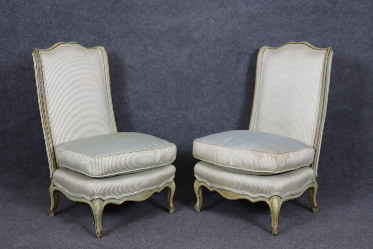 Pair of Paint Decorated French Louis XV Boudoir Slipper Chairs Circa 1920