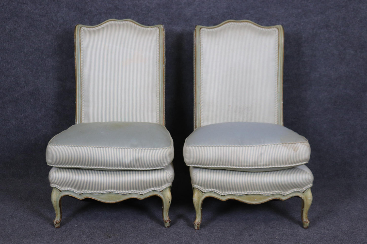 Pair of Paint Decorated French Louis XV Boudoir Slipper Chairs Circa 1920